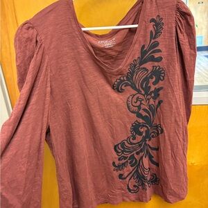 Chico's Rust Long-Sleeve V-Neck Top with Black Floral Scroll